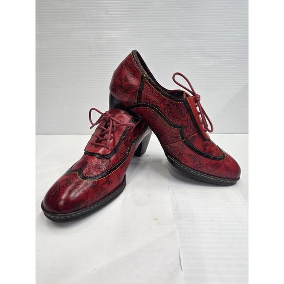 Red Paisley Heel Shoes Womens Size 39 US 8 Lace Up Leather Print Vintage Style - Picture 2 of 13